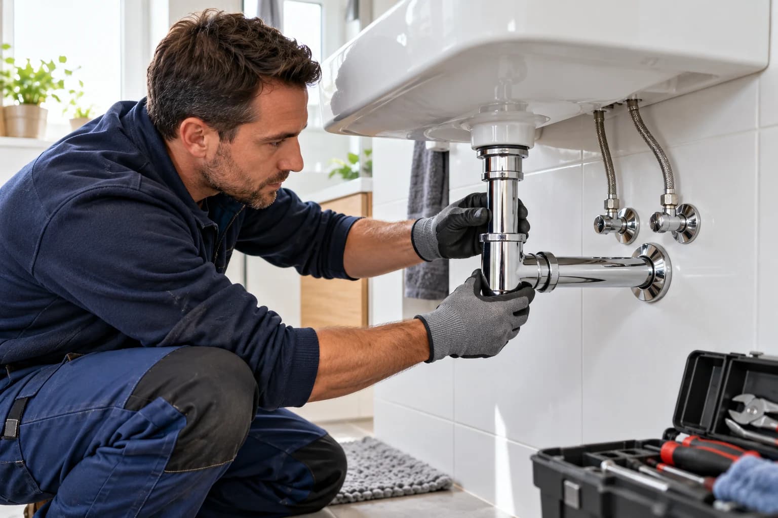 Illustration du contrôle des raccordements sous un lavabo